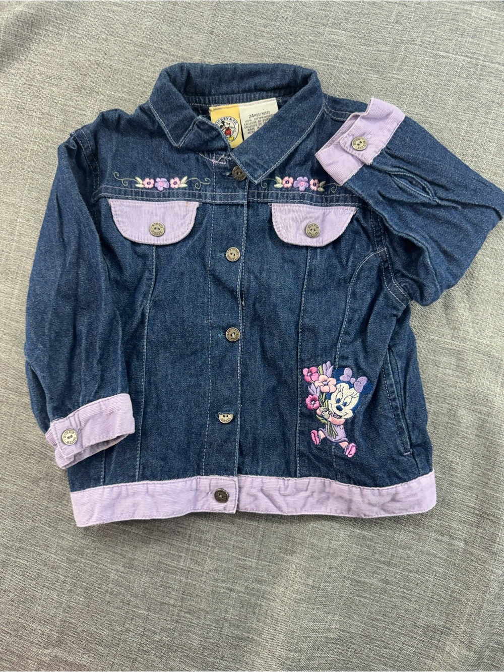 Minnie Mouse Kids Denim Jacket with Lavender Trim and Floral Embroidery
